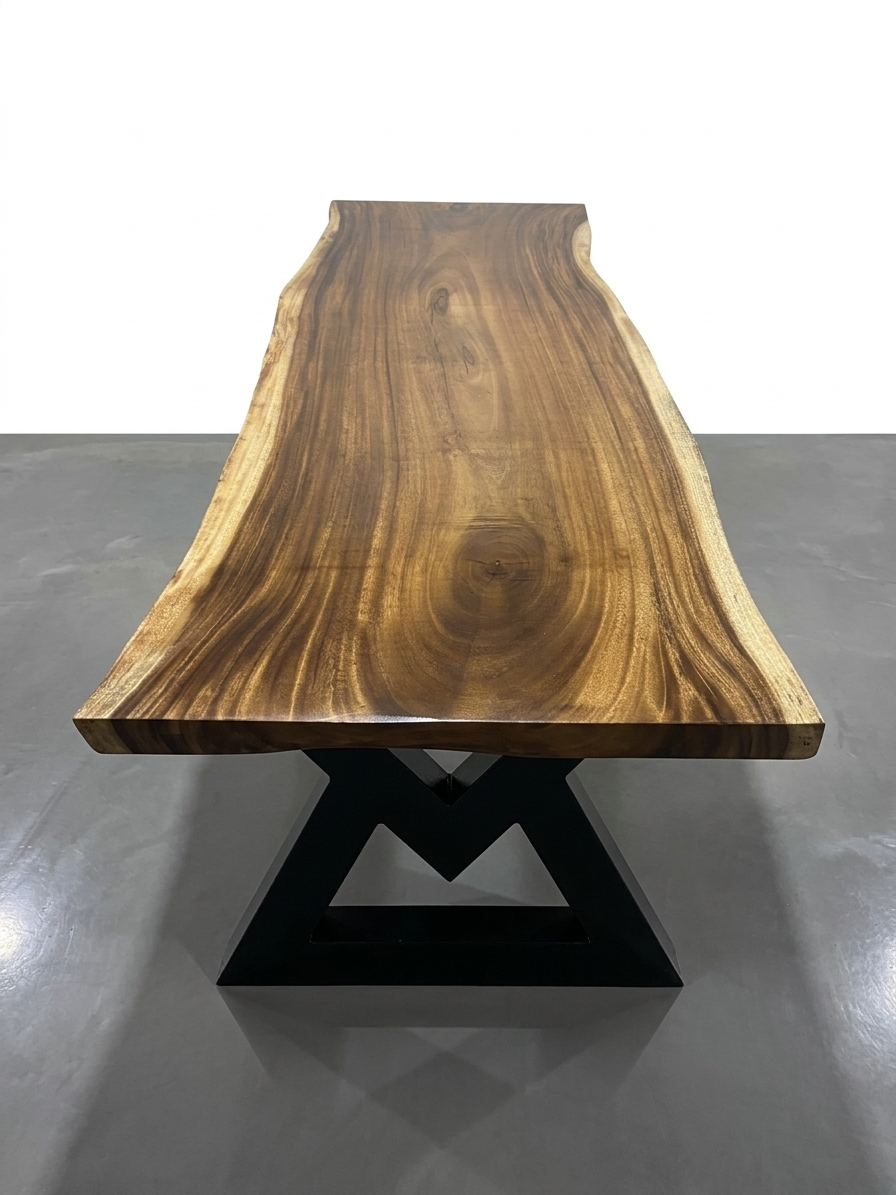 Slab No. 07: single-slab Saman (monkeypod) live-edge table on a black steel base. This photo identifies the listing; we pull the matching slab on our Lincolnwood floor and measure it with you.