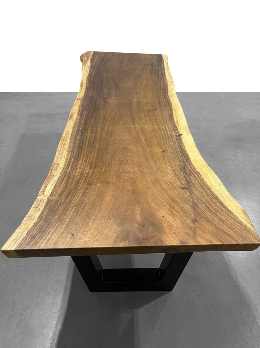 Slab No. 08: single-slab Saman (monkeypod) live-edge table on a black steel base. This photo identifies the listing; we pull the matching slab on our Lincolnwood floor and measure it with you.