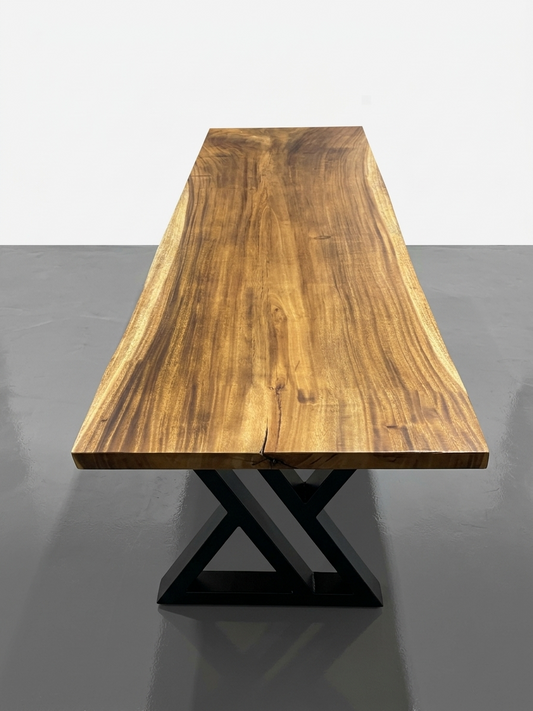 Slab No. 09: single-slab Saman (monkeypod) live-edge table on a black steel base. This photo identifies the listing; we pull the matching slab on our Lincolnwood floor and measure it with you.
