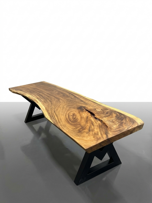 Slab No. 10: single-slab Saman (monkeypod) live-edge table on a black steel base. This photo identifies the listing; we pull the matching slab on our Lincolnwood floor and measure it with you.