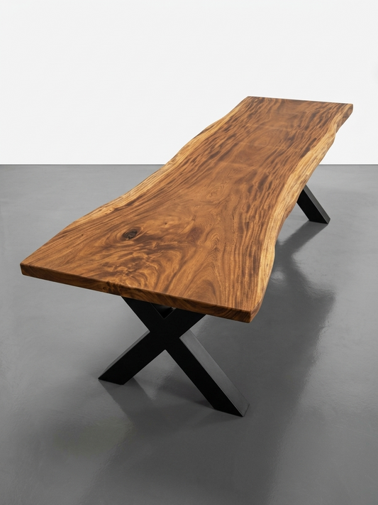 Slab No. 04: 10 ft single-slab Saman (monkeypod) live-edge conference table on a black steel base, on a white background. This photo identifies the listing; warehouse photographs of the slab follow.