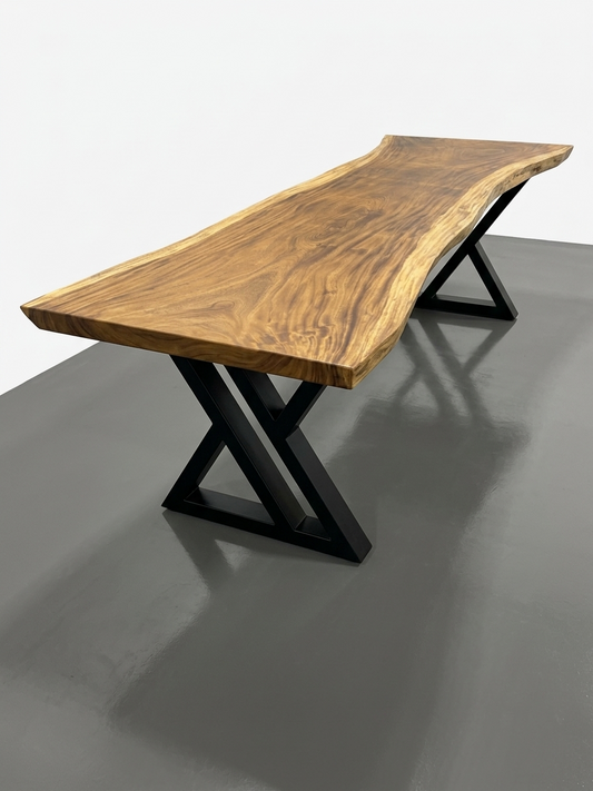 Slab No. 12: single-slab Saman (monkeypod) live-edge table on a black steel base. This photo identifies the listing; we pull the matching slab on our Lincolnwood floor and measure it with you.