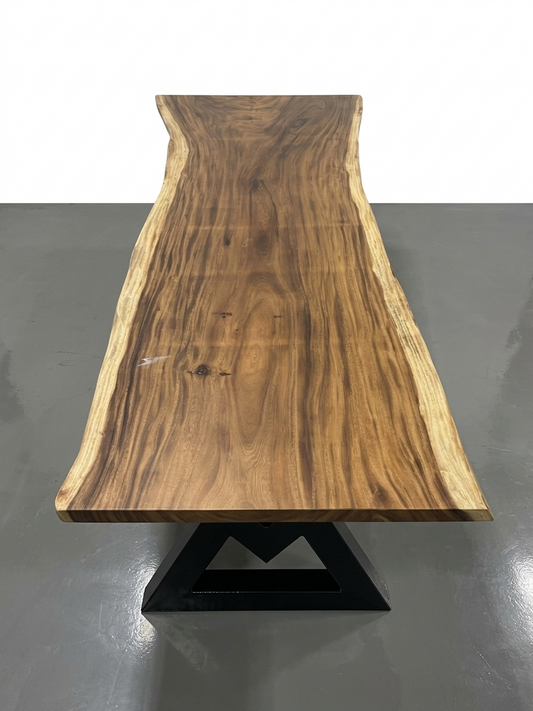 Slab No. 03: 10 ft single-slab Saman (monkeypod) live-edge conference table on a black steel base, on a white background. This photo identifies the listing; warehouse photographs of the slab follow.