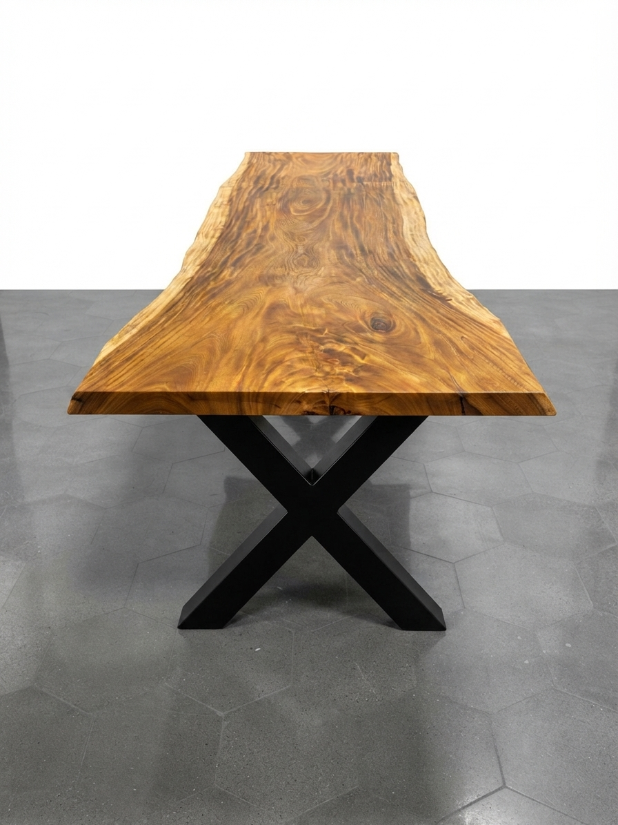 Slab No. 06: 10 ft single-slab Saman (monkeypod) live-edge conference table on a black steel base, on a white background. This photo identifies the listing; warehouse photographs of the slab follow.