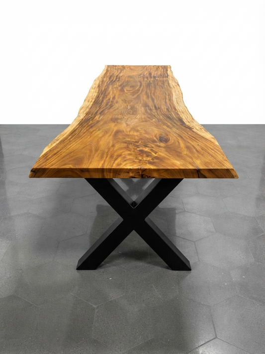 Slab No. 06: 10 ft single-slab Saman (monkeypod) live-edge conference table on a black steel base, on a white background. This photo identifies the listing; warehouse photographs of the slab follow.