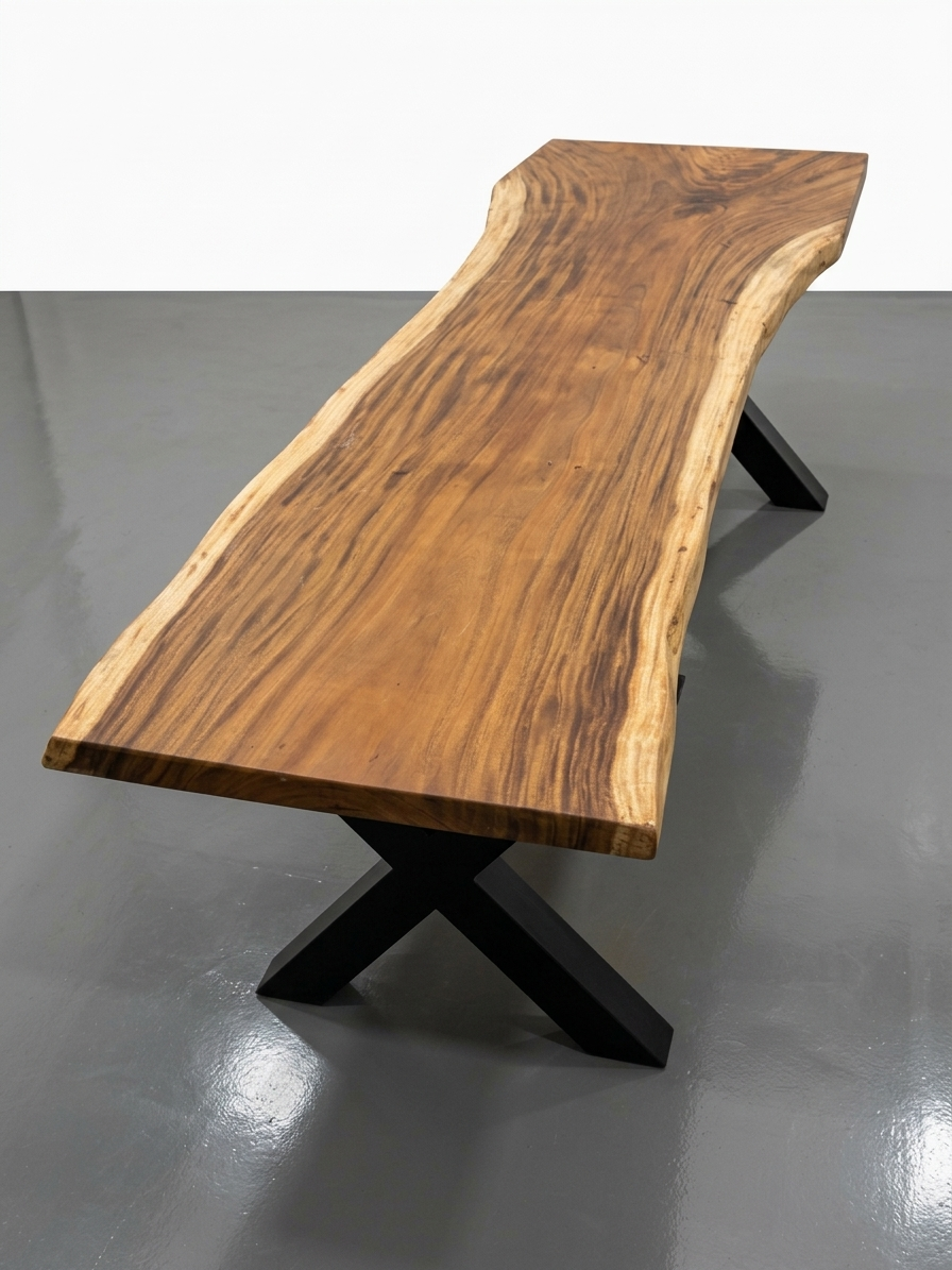 Slab No. 20: single-slab Saman (monkeypod) live-edge table on a black steel base. This photo identifies the listing; we pull the matching slab on our Lincolnwood floor and measure it with you.