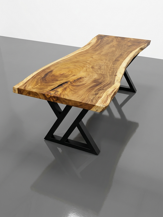Slab No. 18: 9 ft single-slab Saman (monkeypod) live-edge dining table on a black steel base, on a white background. This photo identifies the listing; warehouse photographs of the slab follow.
