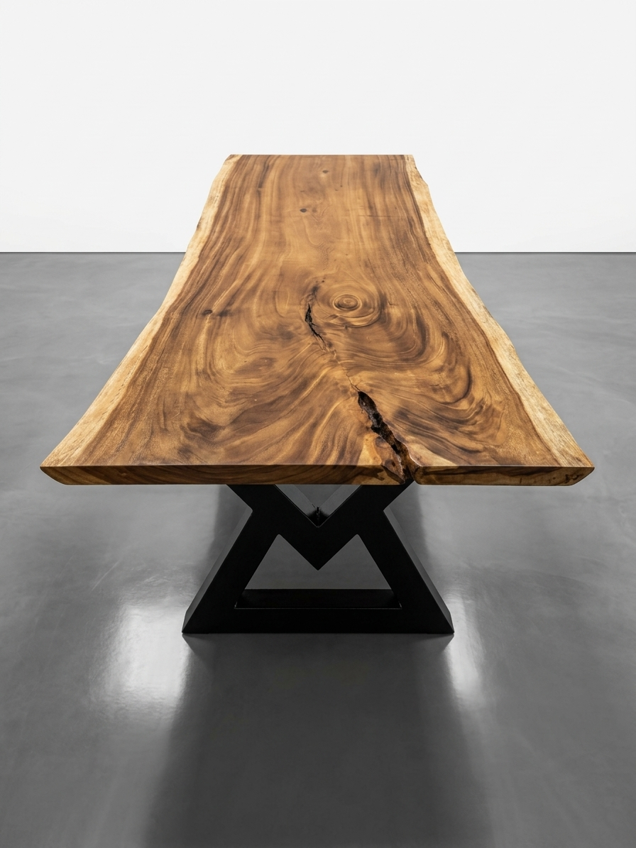 Slab No. 14: 8 ft single-slab Saman (monkeypod) live-edge dining table on a black steel base, on a white background. This photo identifies the listing; warehouse photographs of the slab follow.