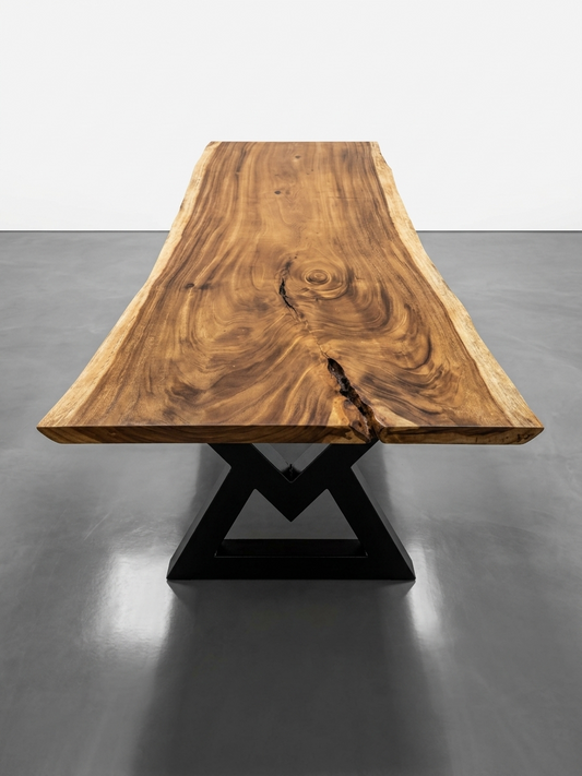 Slab No. 14: 8 ft single-slab Saman (monkeypod) live-edge dining table on a black steel base, on a white background. This photo identifies the listing; warehouse photographs of the slab follow.