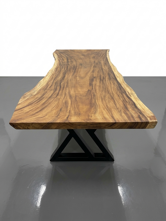 Slab No. 16: 9 ft single-slab Saman (monkeypod) live-edge conference table on a black steel base, on a white background. This photo identifies the listing; warehouse photographs of the slab follow.