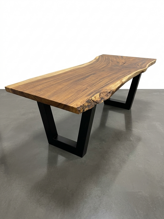 Slab No. 11 (sold): 8 ft single-slab Saman (monkeypod) live-edge dining table on a black steel base, on a white background