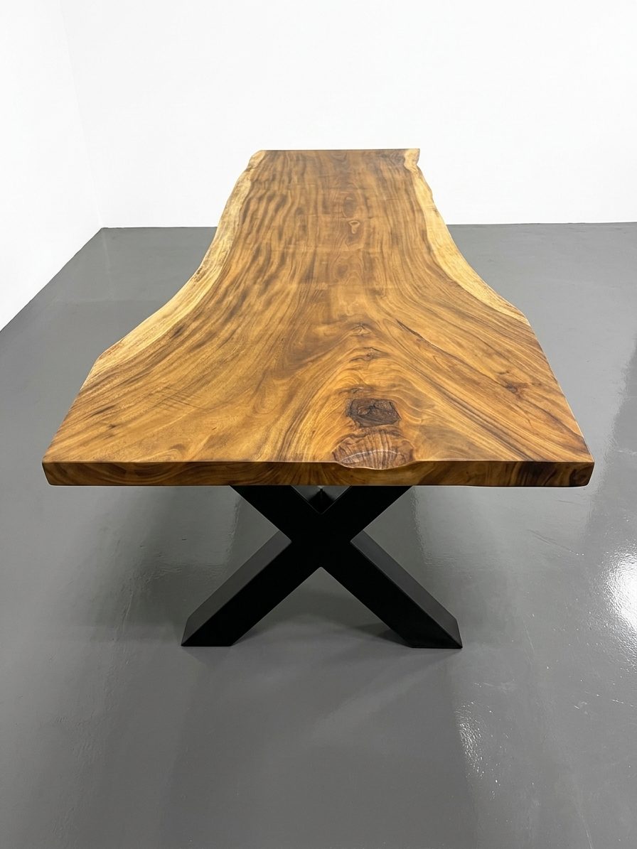 Slab No. 01: 10 ft single-slab Saman (monkeypod) live-edge conference table on a black steel base, on a white background. This photo identifies the listing; warehouse photographs of the slab follow.