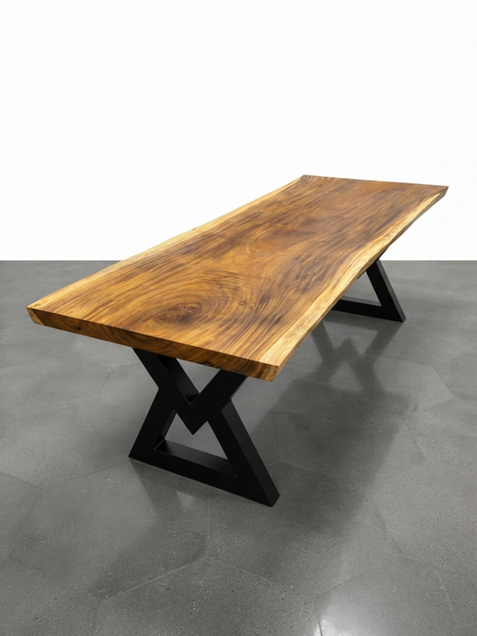 Slab No. 15: 8 ft single-slab Saman (monkeypod) live-edge dining table on a black steel base, on a white background. This photo identifies the listing; warehouse photographs of the slab follow.