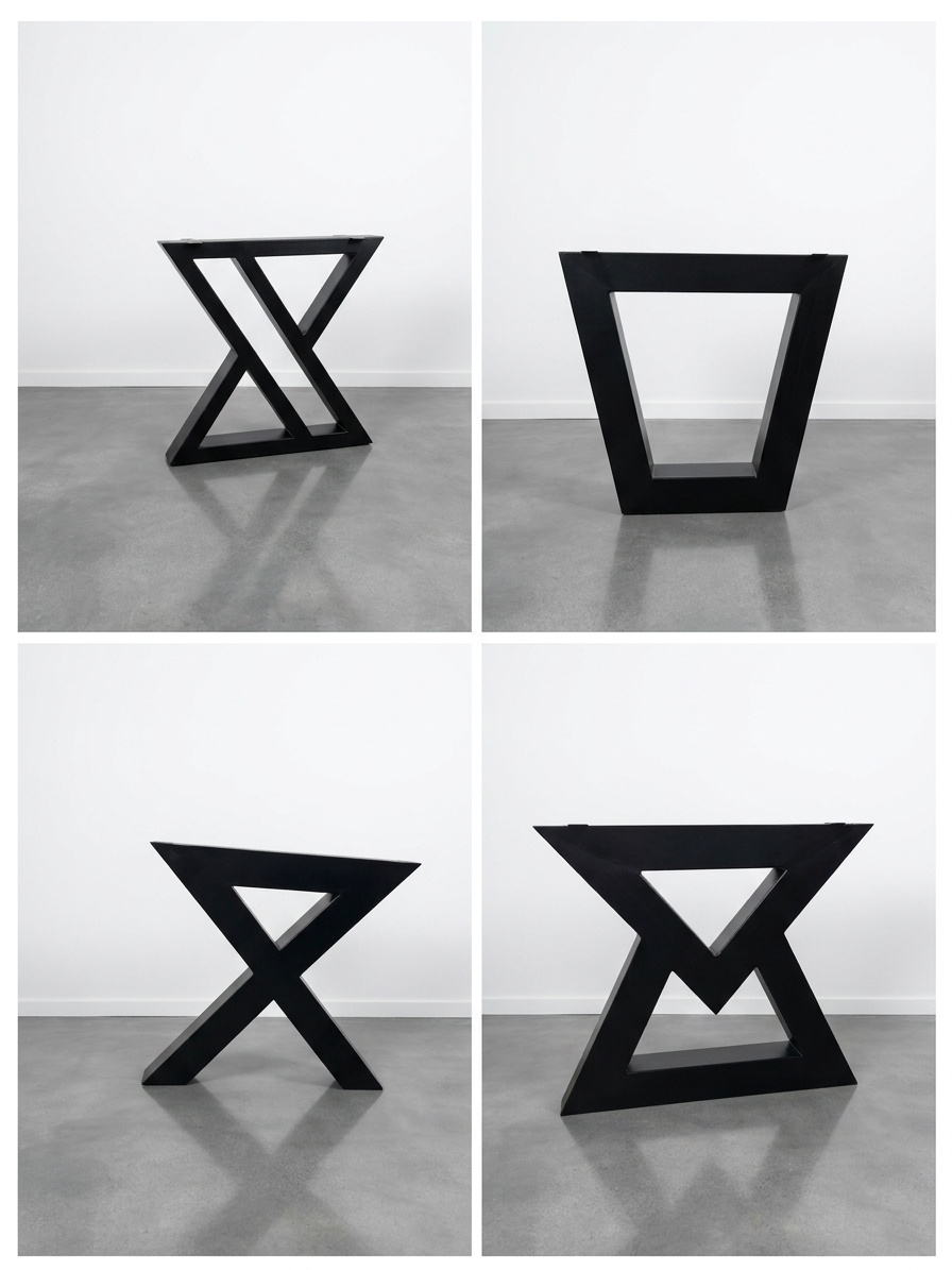 The four black steel base designs offered with the Saman live-edge tables: Cross, Lattice, Chevron and Trestle