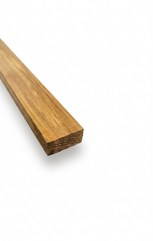 Short Ecuadorian teak board, 1–3 ft stock, shown on a white background — Platinum Luxury Teak