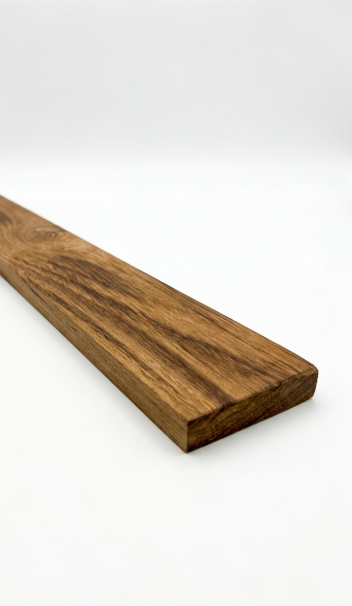 Full 1 in thick Ecuadorian teak board, surfaced two sides, shown on a white background — Teak Lumber 7–8 ft, Platinum Luxury Teak