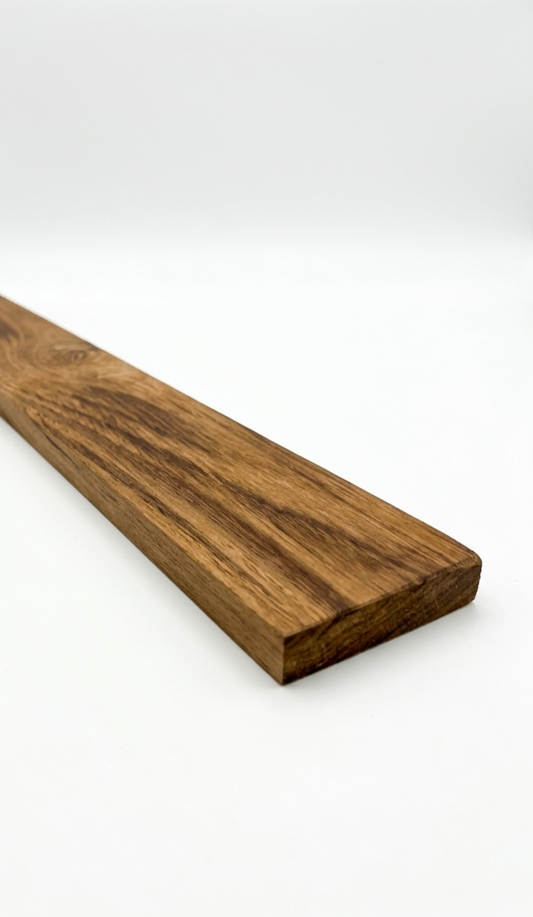 Full 1 in thick Ecuadorian teak board, surfaced two sides, shown on a white background — Teak Lumber 7–8 ft, Platinum Luxury Teak