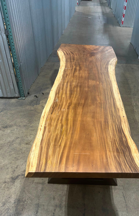 Single-slab Saman monkeypod live-edge table, 8 ft, on a black steel base — Platinum Luxury Teak, Chicago