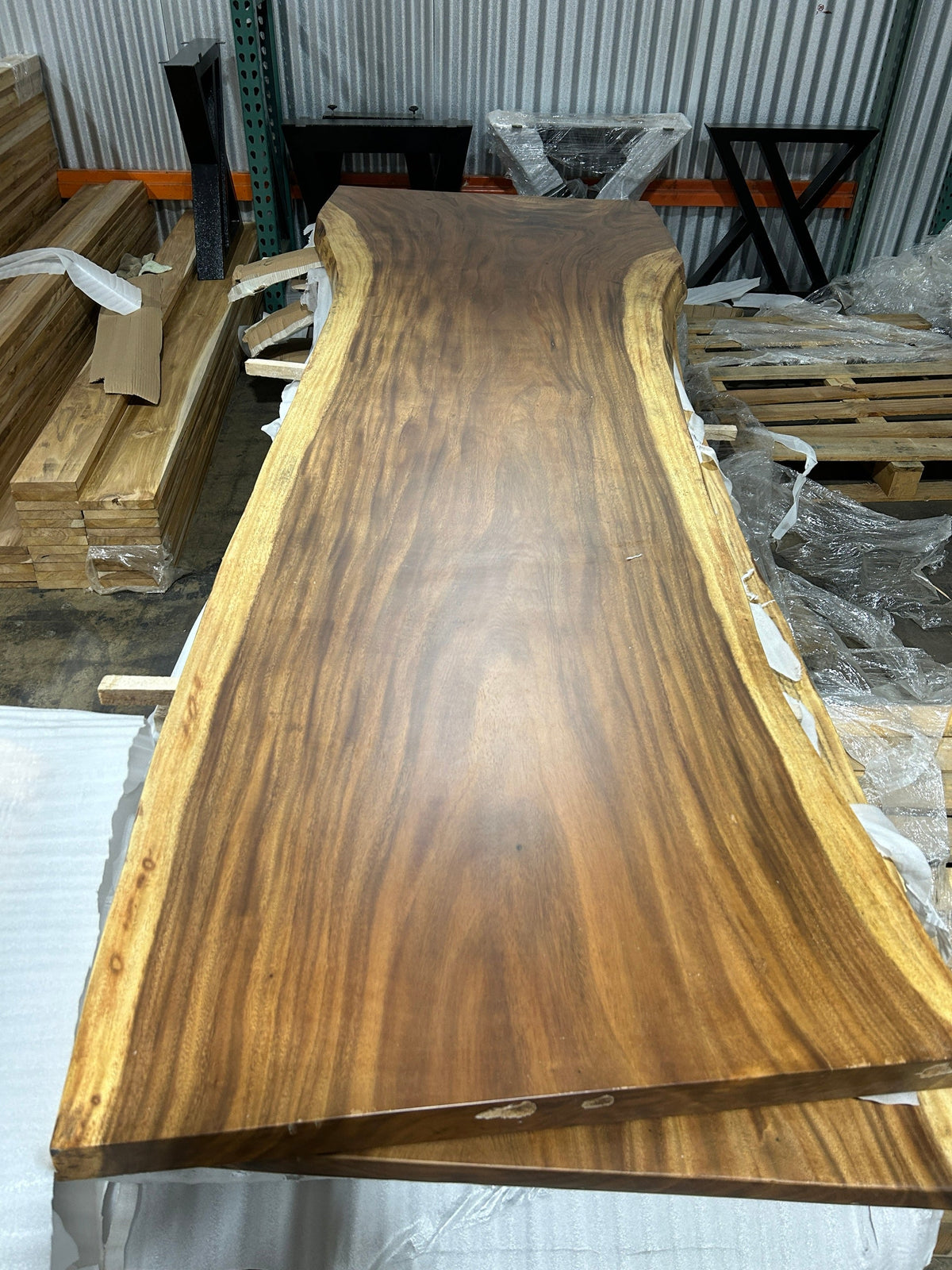 Slab No. 02, opposite face - the actual 10 ft single-slab Saman monkeypod top, matte lacquer finish, Lincolnwood IL