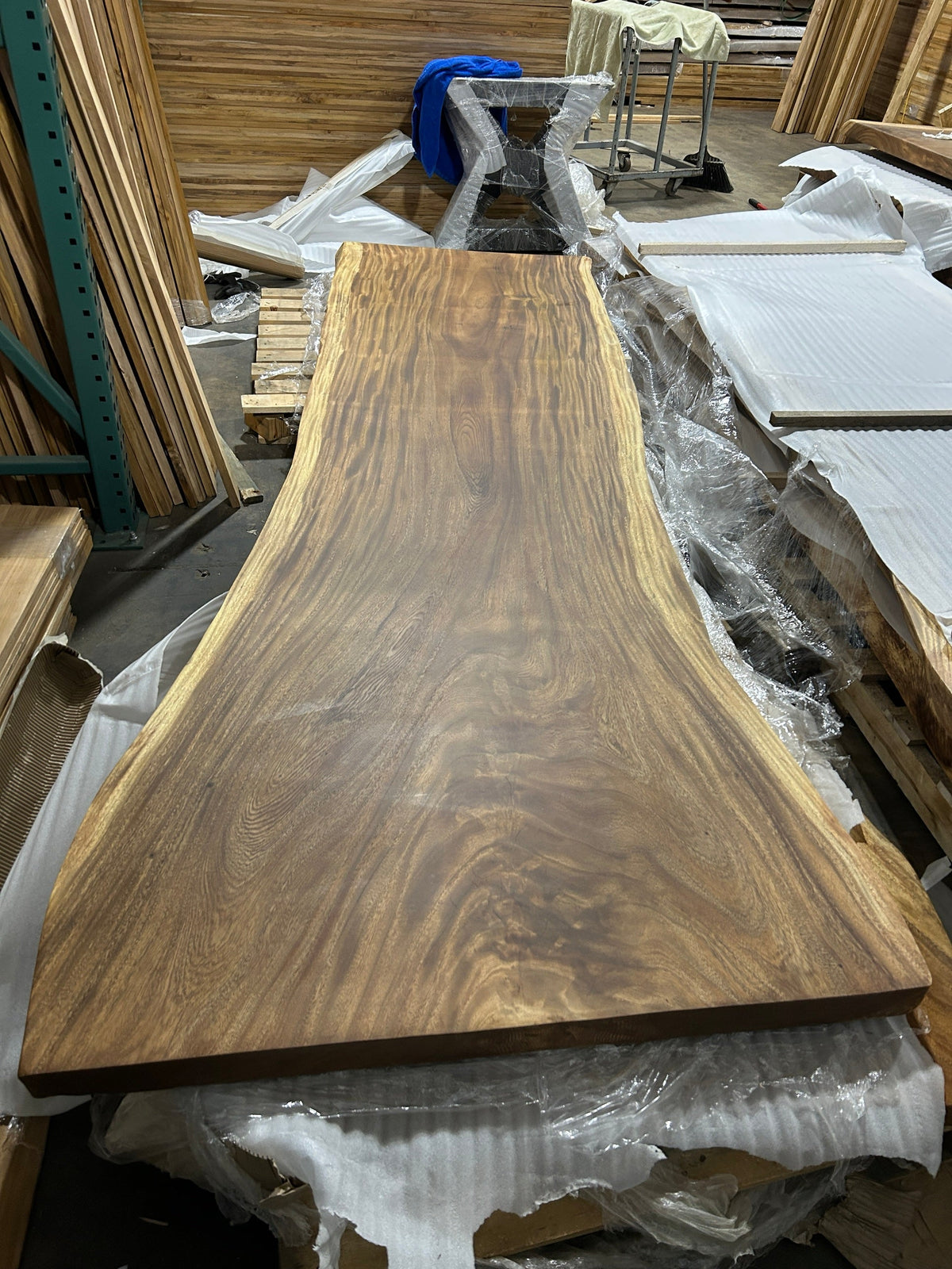 Slab No. 03, opposite face - the actual 10 ft single-slab Saman monkeypod top, matte lacquer finish, Lincolnwood IL