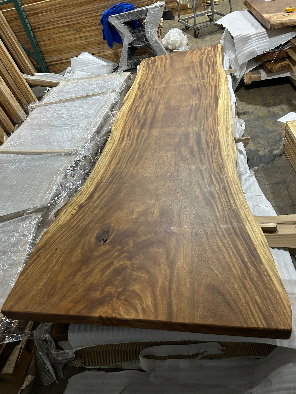 Slab No. 04, opposite face - the actual 10 ft single-slab Saman monkeypod top, matte lacquer finish, Lincolnwood IL
