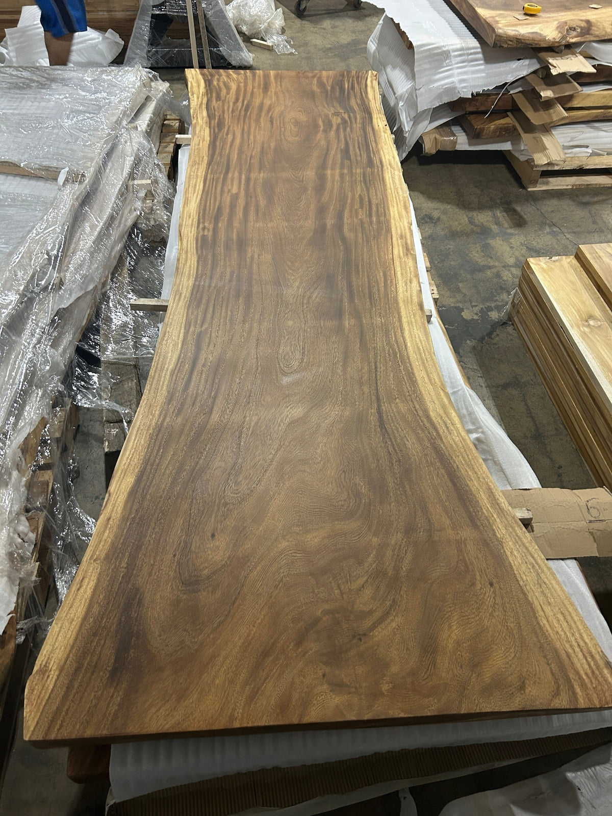 Slab No. 05, opposite face - the actual 10 ft single-slab Saman monkeypod top, matte lacquer finish, Lincolnwood IL