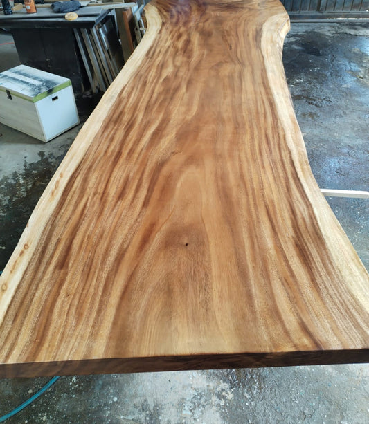 Single-slab Saman monkeypod live-edge top, 10 ft, golden figured grain — Platinum Luxury Teak, Chicago