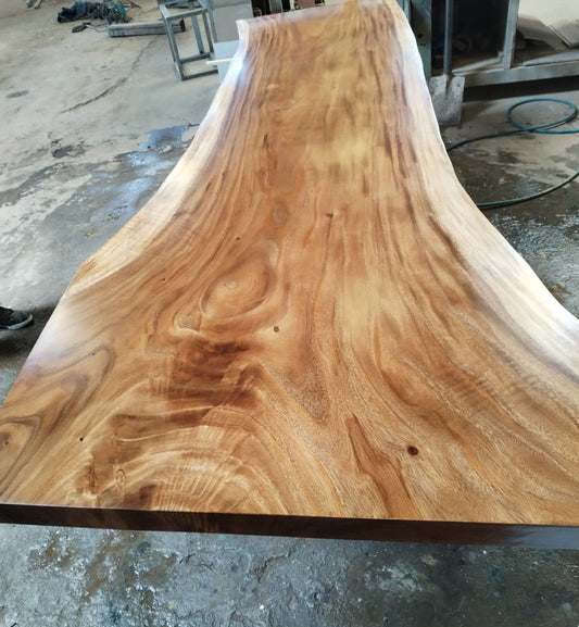 Single-slab Saman monkeypod live-edge top, 10 ft, 46 inches at its widest — Platinum Luxury Teak, Chicago