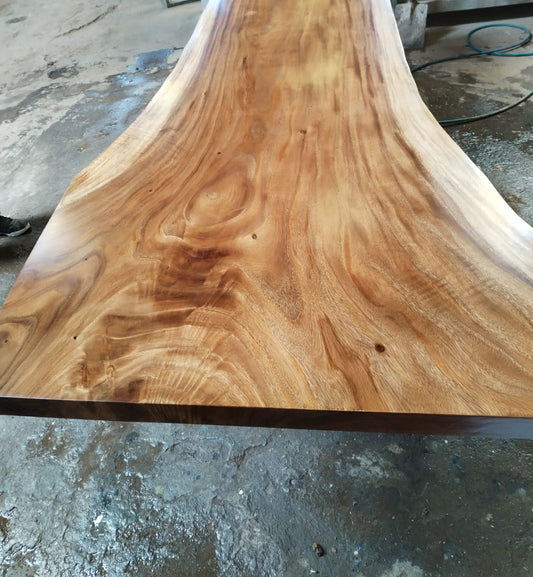 Single-slab Saman monkeypod live-edge top, 8 ft, figured golden grain — Platinum Luxury Teak, Chicago