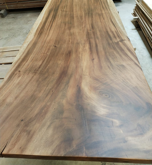 Single-slab Saman monkeypod live-edge top, 9 ft, wide figured grain — Platinum Luxury Teak, Chicago