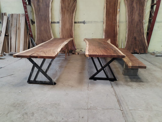 Saman monkeypod live-edge tables and bench, Slab No. 15 — Platinum Luxury Teak