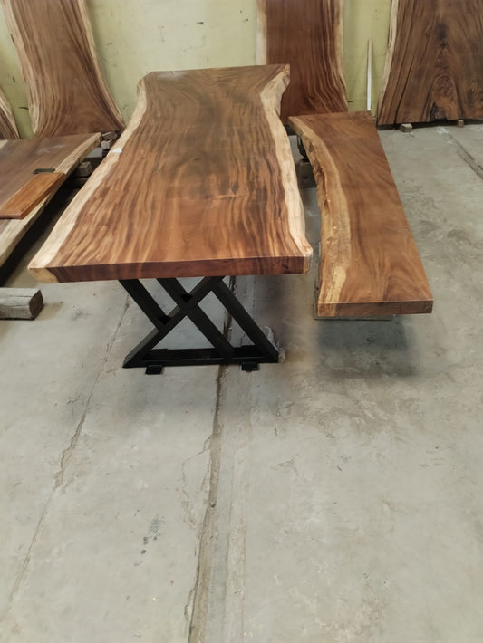 Saman monkeypod live-edge table on steel base, Slab No. 16 — Platinum Luxury Teak
