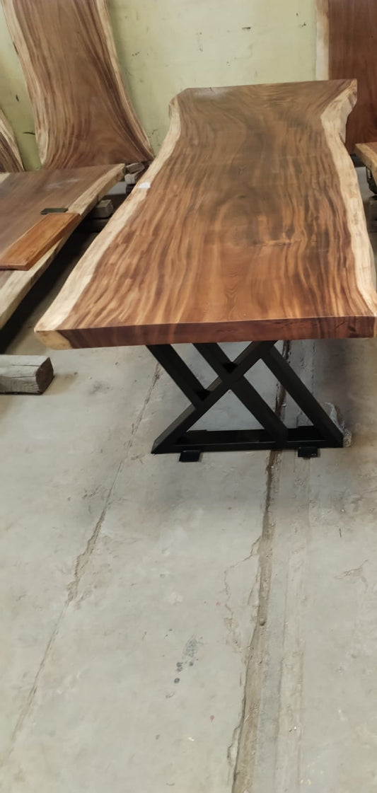 Single-slab Saman monkeypod live-edge table, 9 ft, on a black steel base — Platinum Luxury Teak, Chicago