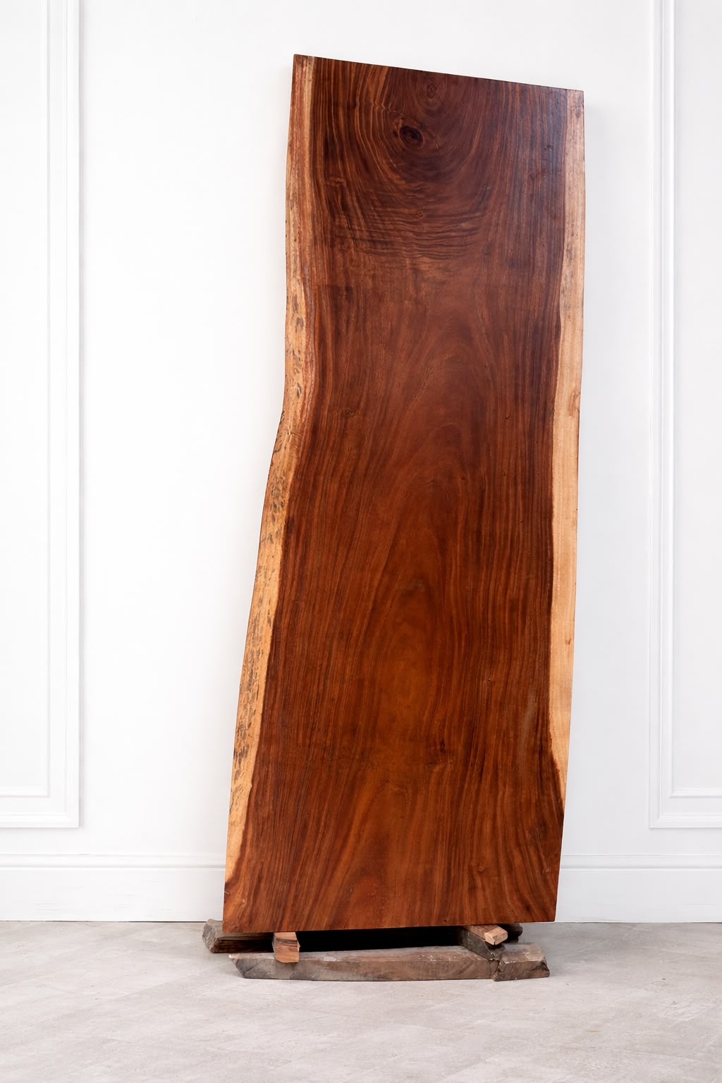 Representative Saman live-edge slab photographed in Ecuador before finishing — Platinum Luxury Teak