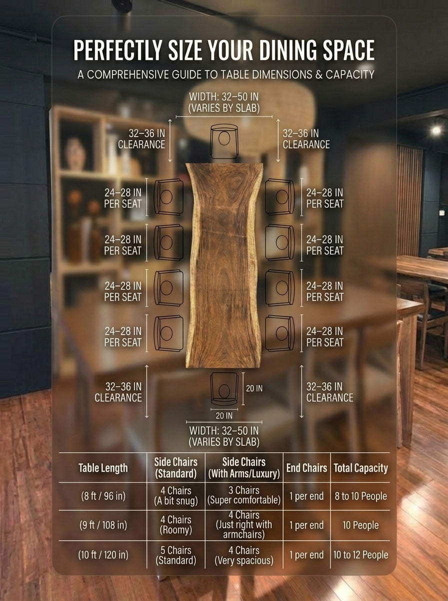 Live-edge table sizing guide: seating capacity for 8, 9 and 10 ft tables